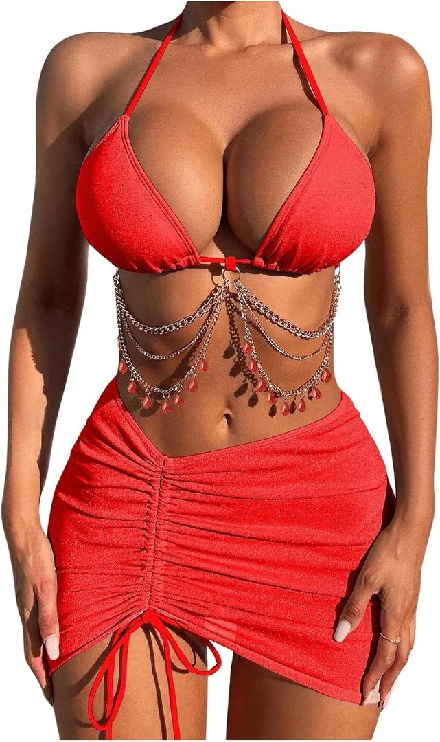 COZYEASE Women's 3 Piece Bikini Set Backless Halter Neck Triangle Chain Swimsuit Set with Beach Skirt (Red), Medium