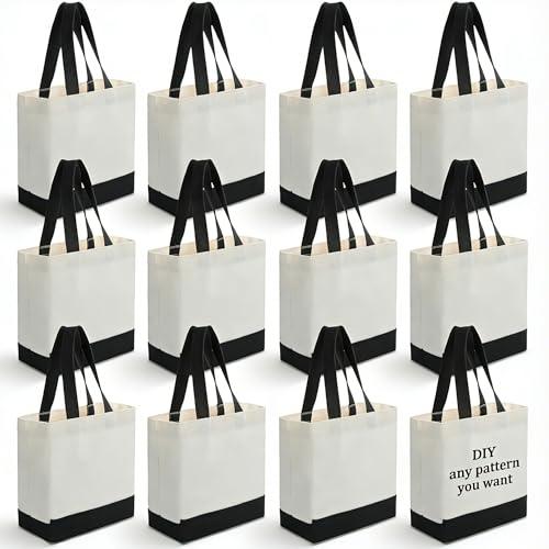 Sanwuta 12 Pack Mini Canvas Tote Bag 8'' x 4'' x 10'' Small Sublimation Blank Canvas Bags Reusable Tote for Christmas Crafts DIY Party Gifts (beige-black)