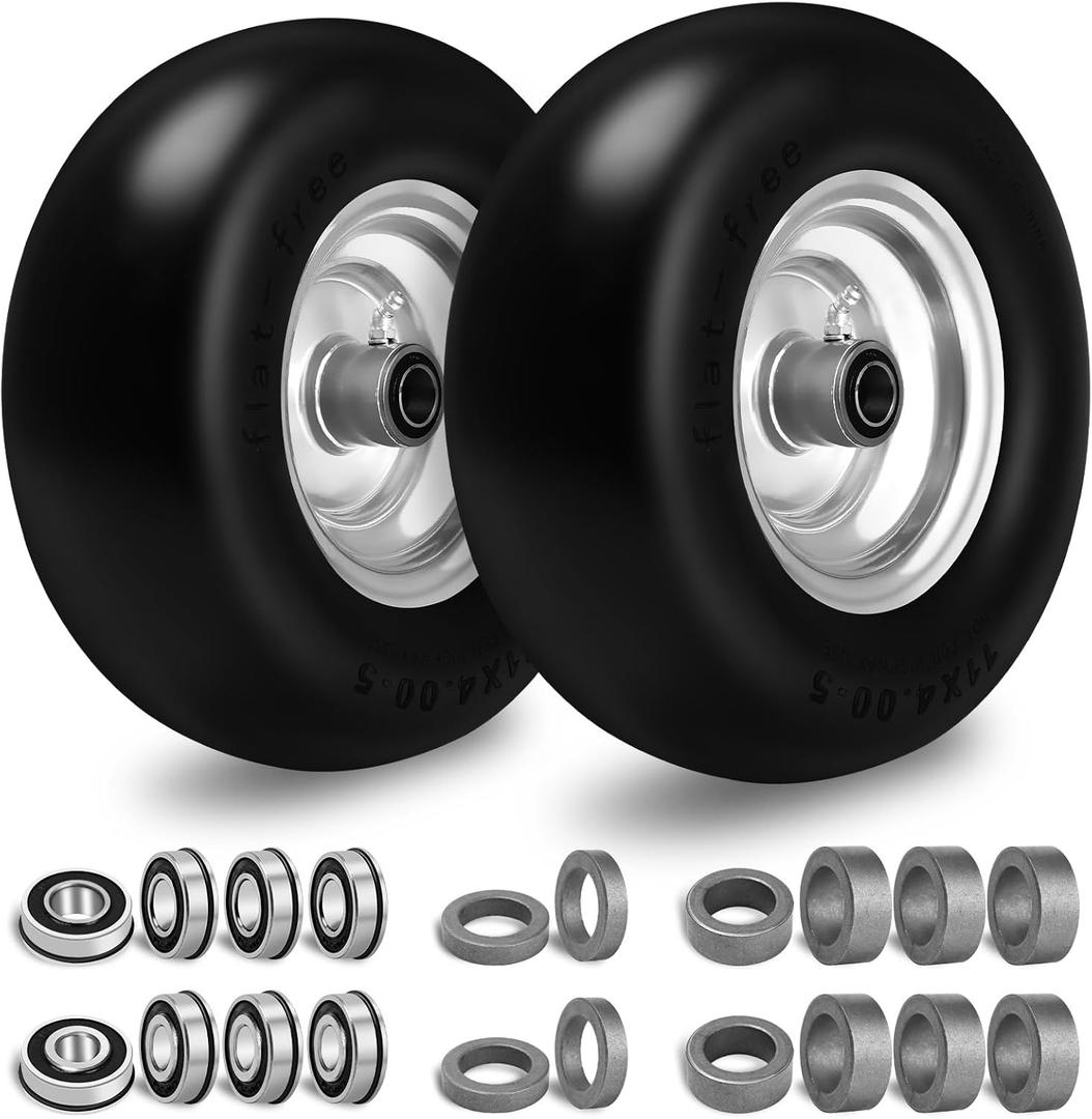 Cliseve11x4.00-5 Flat-Free Lawn Mower Tires, Solid Smooth Tread with 3/4 & 5/8" Precision Bearings, Adjustable 3.4"-5.6" Centered Hub, Universal Fit for Zero-Turn Mowers & Outdoor Equipment, 2 Pack