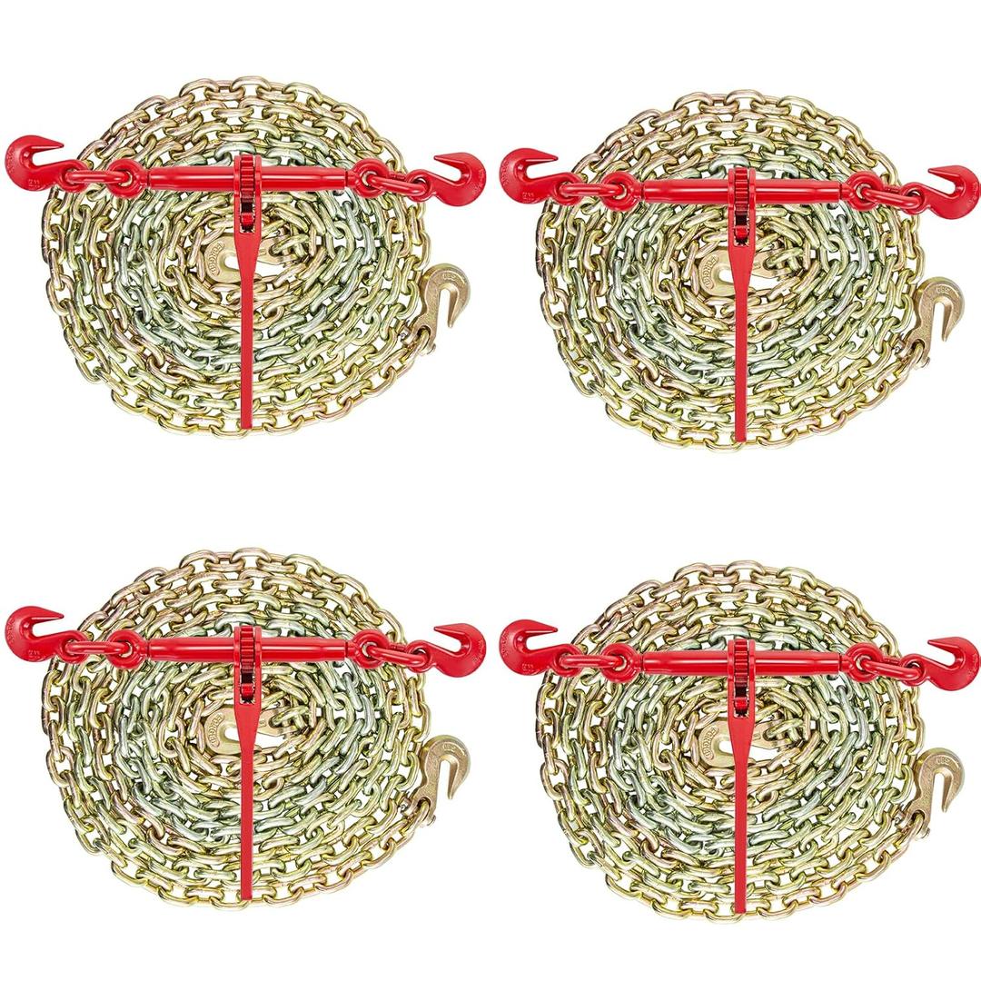 VEVOR Chain and Binder Kit 3/8 in-1/2 in, Ratchet Load Binders 9215 lbs Working Strength, Ratchet Binders and Chains, 3/8 in x 10 ft Chains with G70 Hooks, for Truck, Tie Down, Hauling, Towing