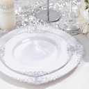Nervure 100Pcs White and Silver Plastic Plates - 7.5 inch White Plastic Plates with Silver Rim - Disposable Dessert Plate for Wedding & Party
