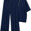 PRETTYGARDEN 2 Piece Lounge Sets for Women Summer 2025 Short Sleeve Tops Wide Leg Pants Matching Travel Outfits Clothing (Navy, X-Small) (XS)