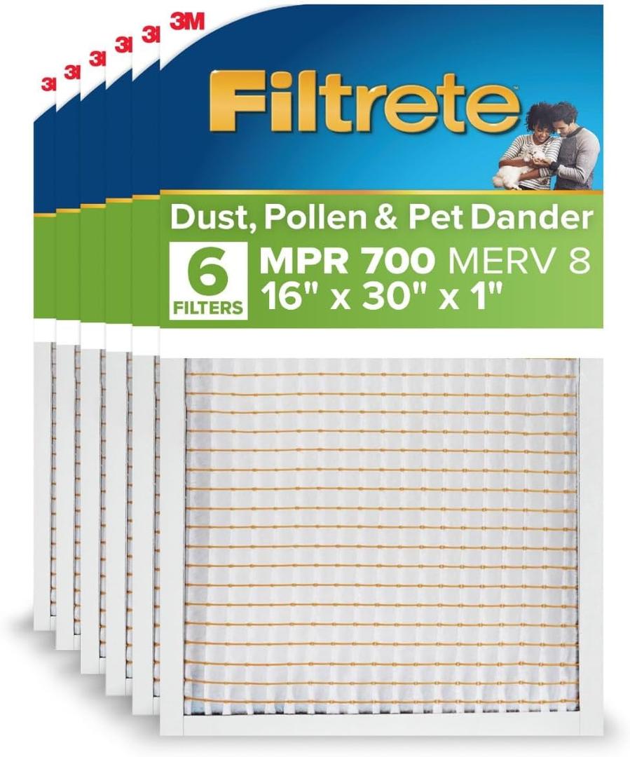 Filtrete 16x30x1 AC Furnace Air Filter, MPR 700, MERV 8, Tough on Pollen, Easy on Airflow, 3-Month Pleated 1-Inch Electrostatic Air Cleaning Filter, 6-Pack (Actual Size 15.81 x 29.81 x 0.81 in)