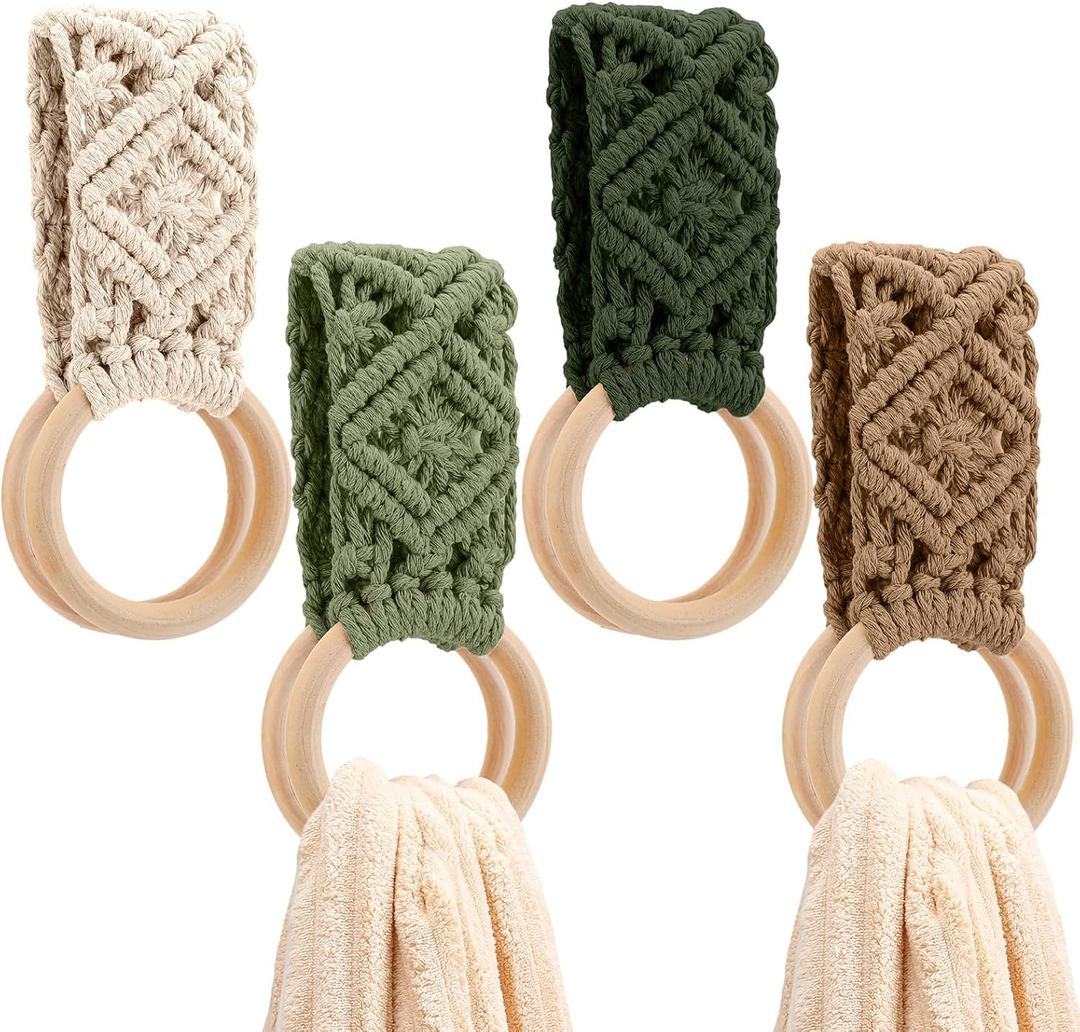 Tioncy 4 Pcs Kitchen Dish Towel Holder Thanksgiving Gifts Boho Handmade Crochet Hanging Towels Loop Ring Knit Towel Hanger for Cabinet House Oven Stove Door, 4 Colors(Sage Green)