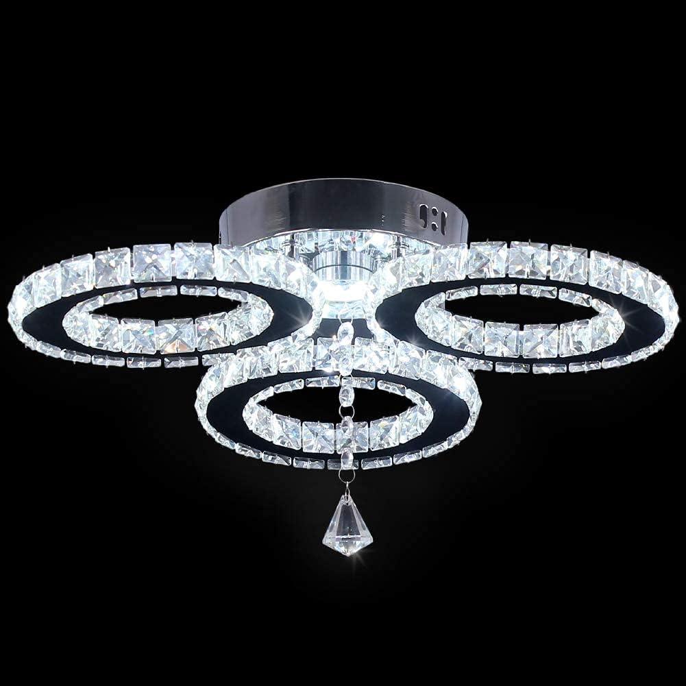 LED Crystal Ceiling Light 13x3.5 Inches 3 Rings Crystal Chandelier Flush Mount Lighting Fixture for Bedroom Hobby Living Room (Cool White)
