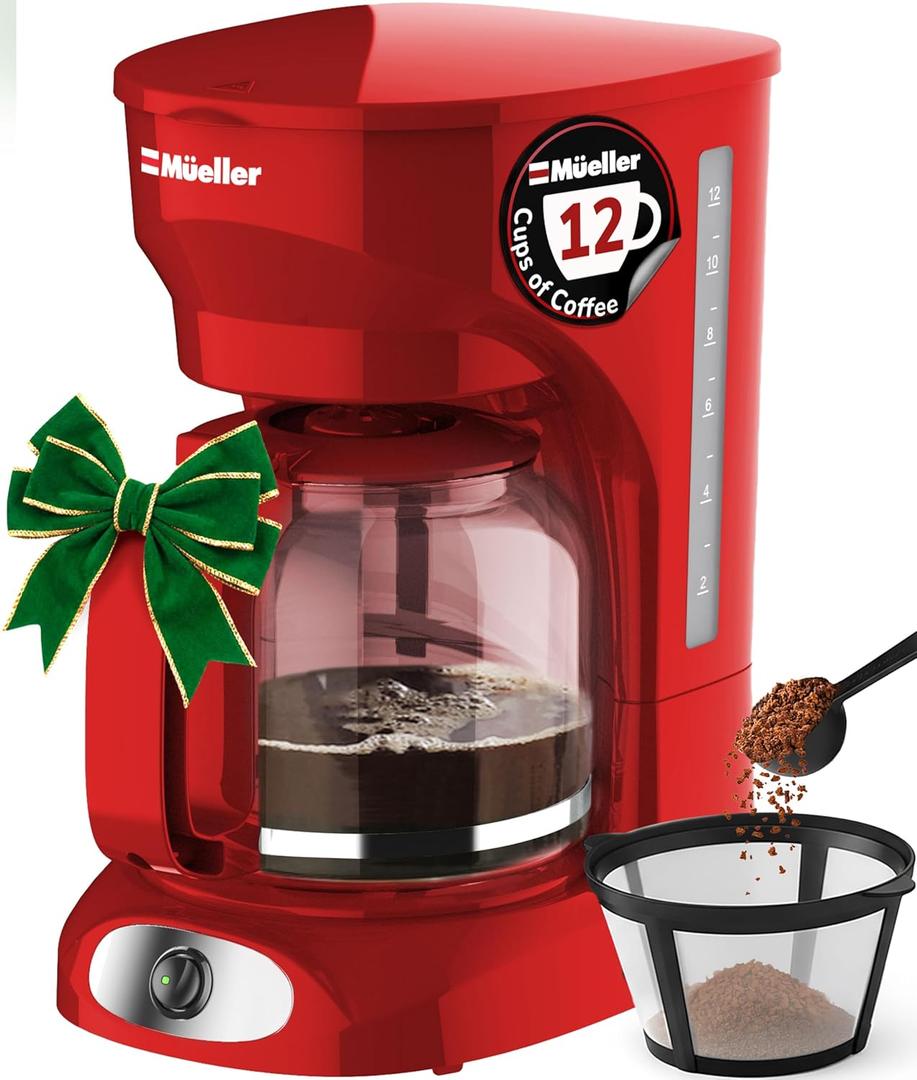 MUELLER HOME 12-Cup Red Coffee Maker - Perfect for Home or Office, Borosilicate Carafe, Auto-Off, Reusable Filter, Anti-Drip, Keep-Warm Function, Clear Water Level Window, Red Kitchen Accessories