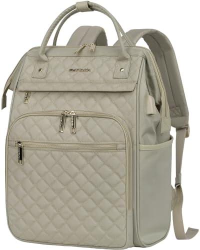 EMPSIGN 17 Inch Laptop Backpack for Women, Work Business Travel Computer College Bags, Large Capacity Water-repellent Quilted Casual Daypack with USB Port, Light khaki