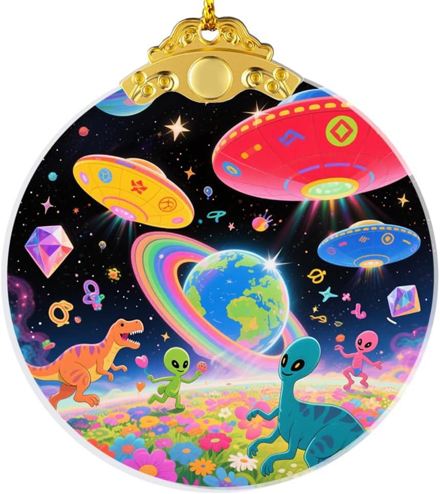 2 x UFO Alien Glass Ornaments, UFO, Dinosaur & Alien Christmas Ornament for Christmas Tree Decor, Holiday Presents, Exchange Ideal Gift for Space & Fantasy Lovers