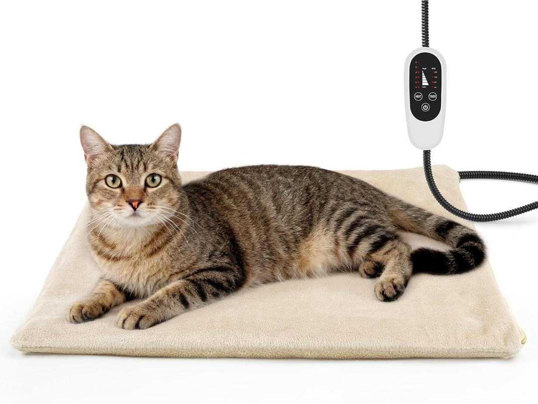 NICREW Cat Heating Pad, Temperature Adjustable Heated Cat Bed with Auto Shut Off Timer, Indoor Pet Heated Bed Mat for Small Dogs, 17.7 x 15.7 Inches, 55W (Khaki)