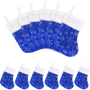 CCINEE Christmas Mini Stockings, 12pcs 9 Inches Glitter Silver Snowflake Blue Print with Plush Cuff Classic Stocking Decorations for Xmas Festive Gifts Home Fireplace Decor