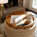 20 Inches Extra Large Round Teak Wood Ottoman Tray with Handles, Serve Tea, Coffee Classic Wooden Decorative Serving Tray