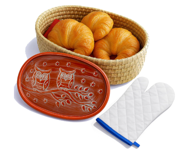 Bread Warmer Basket with Terracotta Stone – Includes Oven Mitts – Keeps Bread Warm – Rustic Gift for Holidays, Housewarming, Dinner Parties – Handwoven Natural Look – Kitchen Table Accessory