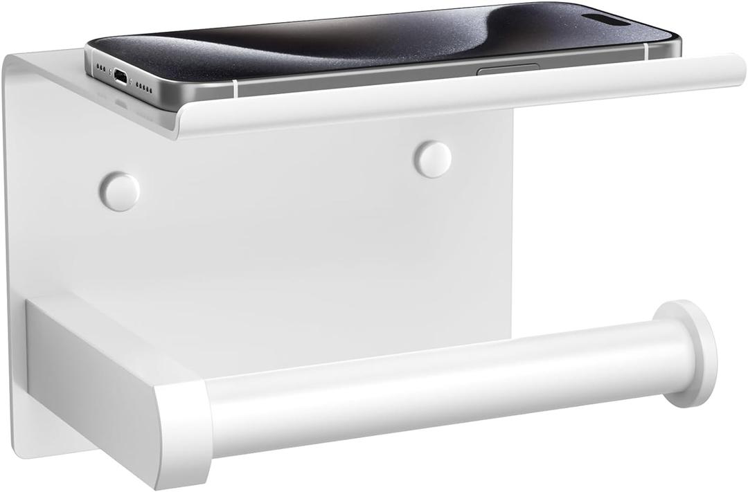 Tindbea Toilet Paper Holder with Phone Shelf, Adhesive or Screw Wall Mount Toilet Tissue Roll Holder, Rustproof & Multifunctional Stainless Steel Bathroom Storage Dispenser (White)