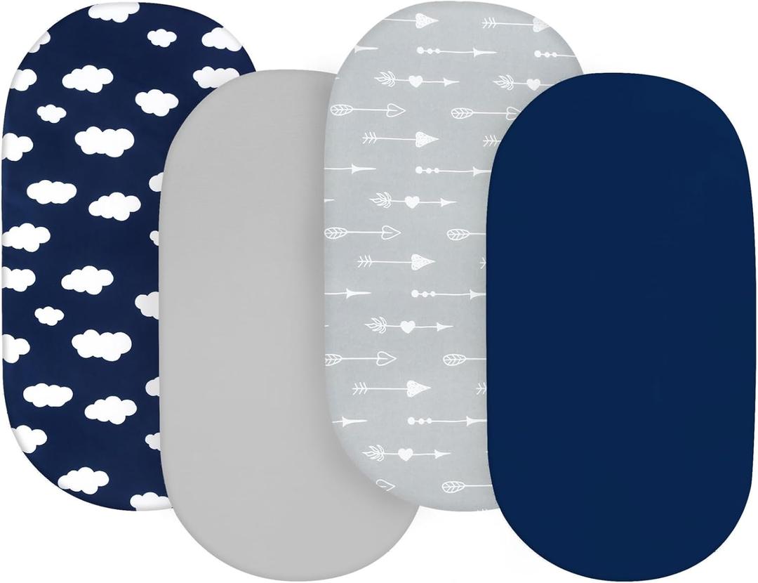Baby Bassinet Sheets 4 Pack Fit for Dream On Me Lacy/Karley Bedside Sleeper/Graco Sense2Snooze/DreamMore Bedside, Delta Children Sweet Dreams and Curve, Ultra Soft & Skin-Friendly (Navy Blue Cloud)