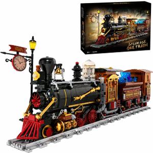 Wild West Ore Train Lighting Building Block Set with Signpost- 1402PCS | Steam Locomotive Model with LED Lights & Moving Parts, Retro Train Decor, Creative Gift for Adults&Teens&Western Enthusiasts