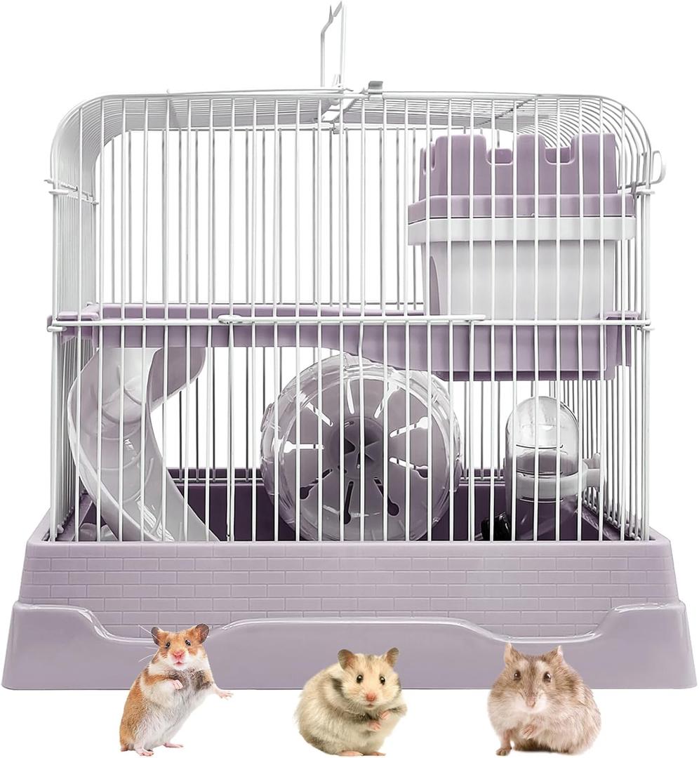PINVNBY 2-Tier Dwarf Hamster Cage, Hamsters Travel Cage Portable Mouse Cages with Running Exercise Wheels, Water Bottle and Food Dish for Hamster Mouse Rat 11.7 * 8.7 * 9.38 in (Gray)