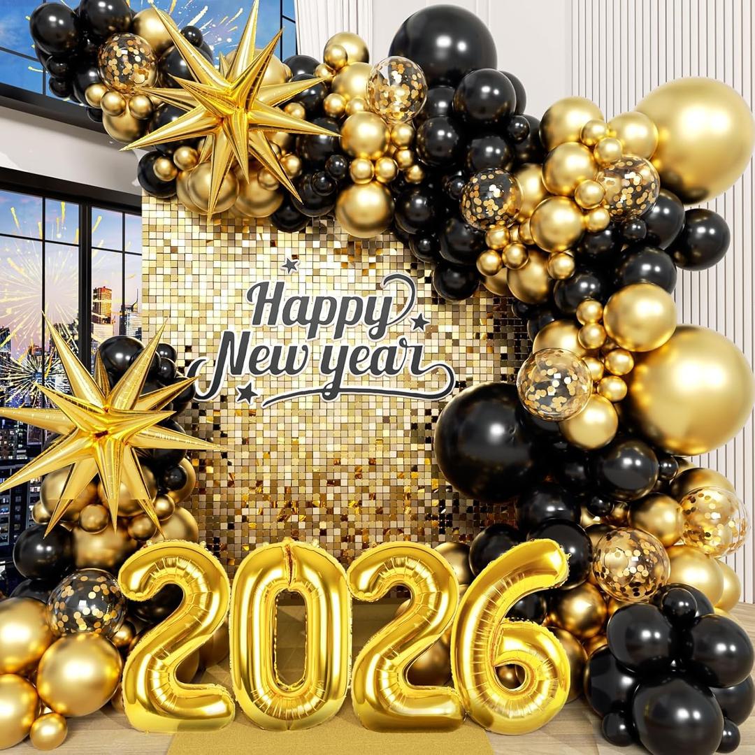 Happy New Years Decorations 2026, Black and Gold Balloon Garland Arch Kit with Foil Metallic Gold Confetti Happy New Year Balloons for New Years Eve Nye Decoration 2026