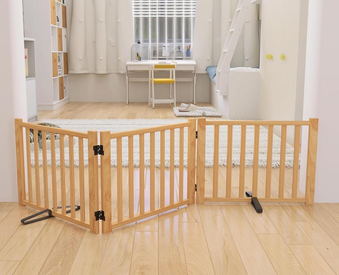 YOCAN Paint-Free Wooden Freestanding Dog Gates for The House,Doorways, Stairs,Wood Dog Fences Indoor Pet Gate,Step Over Fence-3 Panels L:69" H:16.9"