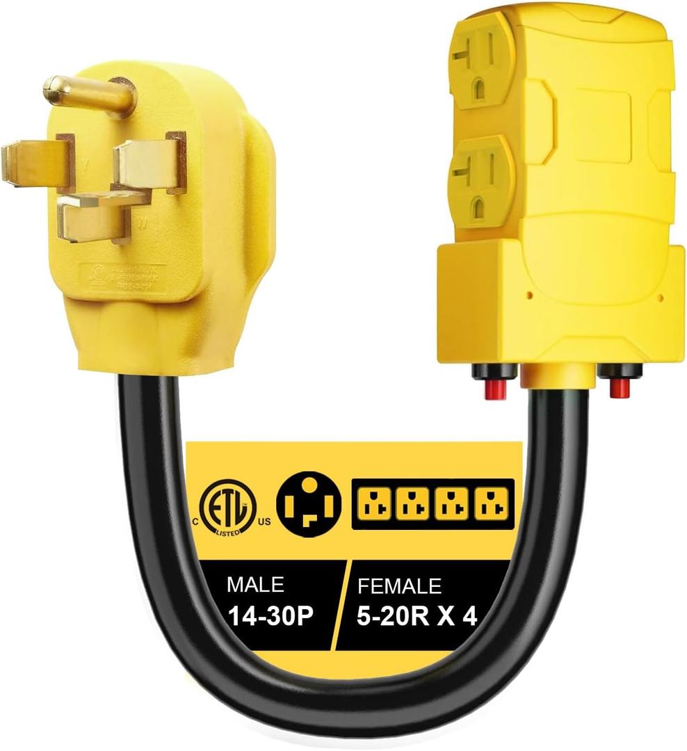Suplevel Dryer Adapter 30 Amp 240V to 20 Amp 15 Amp 110V Adapter, NEMA 14-30P to 4X 5-20R 5-15R, 4-Prong Dryer Male Plug to Four T-Blade Household Outlet w/ 24amp Circuit Breaker, ETL Listed