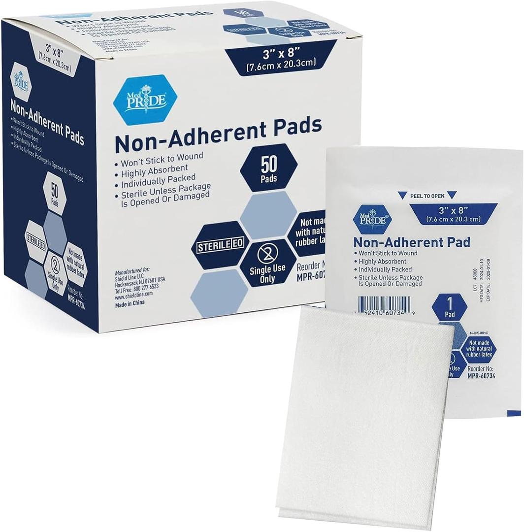 MED PRIDE Sterile Nonstick Pads for Wound Care, Absorbent Non-Adherent, Painless Removal, Individually Wrapped (3x8 Inch (Pack of 50))