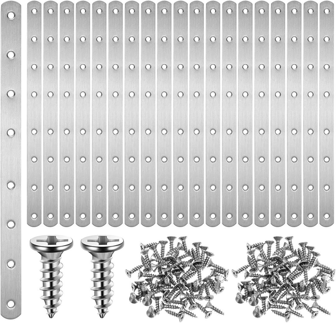 20 Pcs Flat Mending Plate, 11.5" Stainless Steel Mending Plates for Wood Support, 8 Hole Straight Brackets Flat Straight Braces Metal Plate with 160 Screws