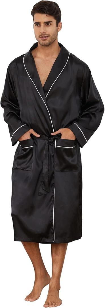Vulcanodon Mens Satin Robe Lightweight,Men's Luxurious Silk Kimono Bathrobe (Black)