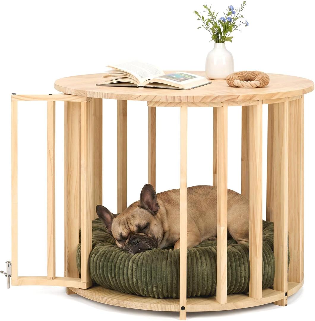 Veehoo Dog Crate Furniture, Round Cat Coffee Table with Cat Bed