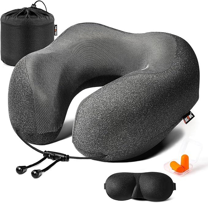 MLVOC Travel Pillow 100% Pure Memory Foam Neck Pillow, Comfortable & Breathable Cover, Machine Washable, and Luxury Bag, Standard (Black)