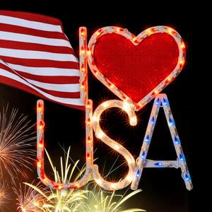 50L Lighted Red, White and Blue Patriotic Window Silhouette Decoration Independence Day Sculpture: I Love USA