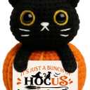 Hocus Pocus Sign Magical Halloween Decor Gift, Mini Black Cat Plush Pumpkin Toy, Witchy Cute Halloween Decor for Women Friend Coworker Handmade Crochet Fall Autumn Table Tiered Tray Ornament
