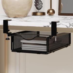 Under-Desk Drawer Slide Out Clamp-On-Desk Shelf for Office Supplies and Books Storage Metal Attachable Table Drawer Fit for Table Thickness 0.47-2.36in (Black, Normal)