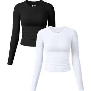 OQQ Womens 2 Piece Shirts Long Sleeve Crew Neck Ruched Stretch Basic Fitted Tee Shirts Tops (Medium, Black, White)
