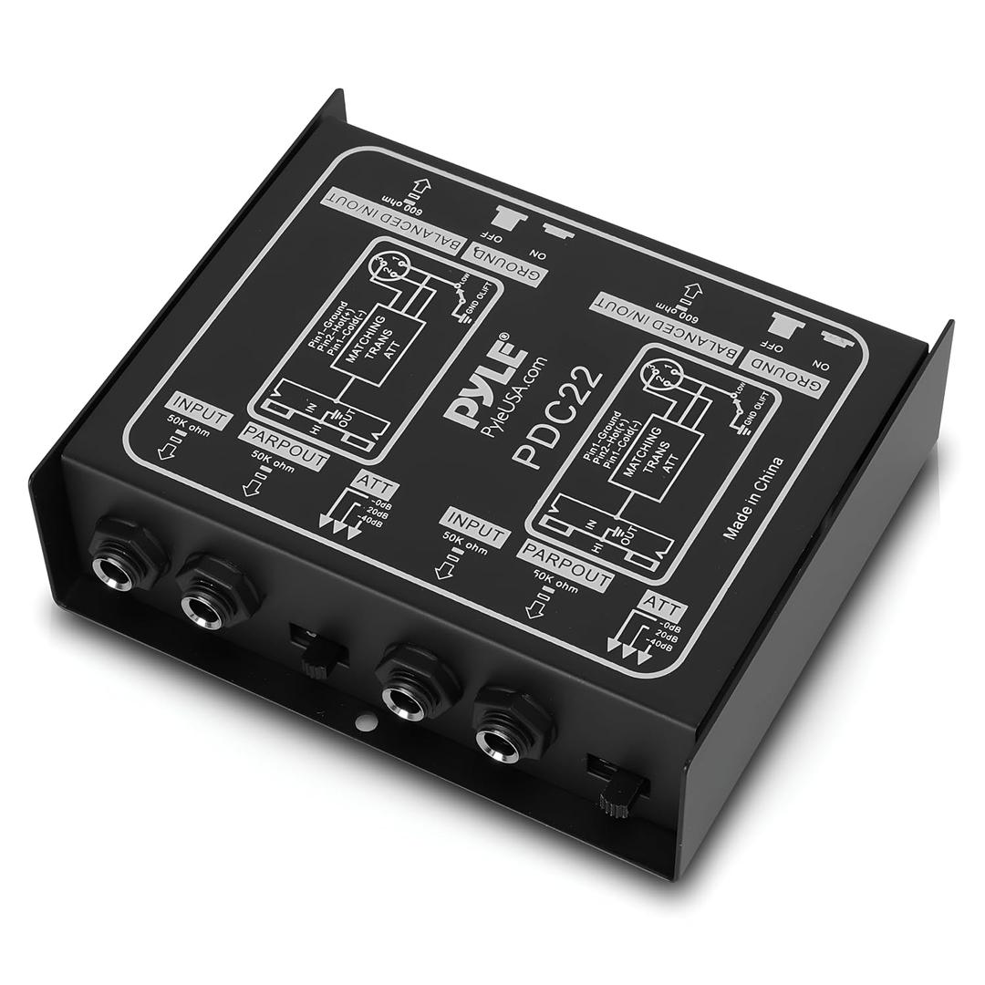 PYLE-PRO Premium Direct Injection Audio Box - Passive DI Unit Hum Eliminator w/ Input Attenuator to Connect Guitar & Bass - 1/4 Inch Impedance Transformer Connector to Balanced & Unbalanced XLR-PDC22 , Black