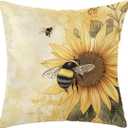 Leaves Bees Throw Pillow Covers Vintage Sunflowers Pillow Cases Square Cushion Cover for Sofa Couch Bedroom Living Room 20x20 Inch (Yellow Beige)