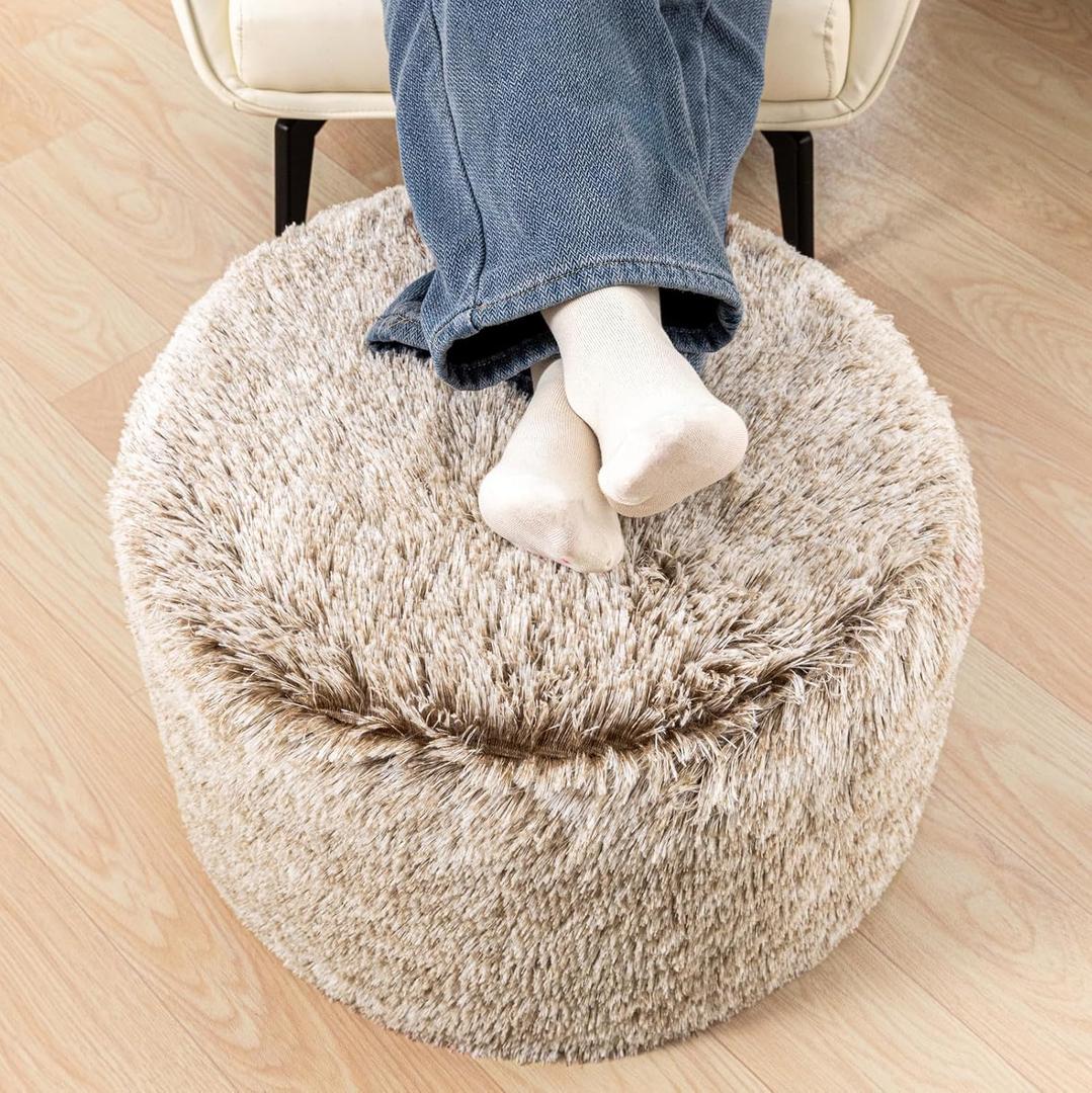 Stuffed Ottoman with Modern High Density Foam Faux Fur Pouf Stool Round Foot Stool Cushion Storage Ottoman 20 * 12''Floor Pouf Ottoman Foot Rest for Living Room (Snow Coffee)