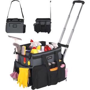Large Rolling Cleaning Caddy Bag with Detachable Trolley, Waterproof Cleaning Caddy on Wheels for Housekeepers, Cleaning Cart Supplies Organizer for Home,Car,Office,Picnic(Gray)(InPatent)