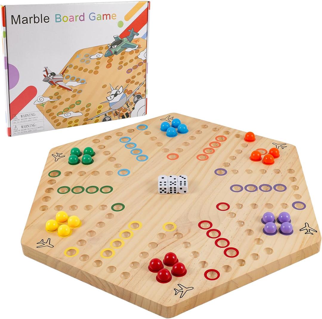 NRZSSN Large Size 20 inches Wood Wahoo Marble Board Game 2 Sided Aggravation Game 4-6 Player for Friends and Family Party, Classic Stragecy Trouble Game with 6 Dices, 24 Marbles (Large，Log)