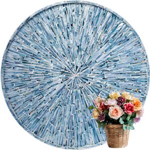 PEMAR 22" Round Mother of Pearl Extra Large Ottoman Tray with Raised Edge, Oversized Decorative Luxury Wooden Serving Tray for Food, Coffee Table, Breakfast in Bed (Blue Sunlight)