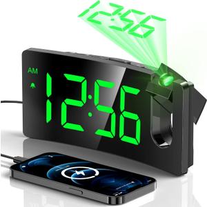 Projection Alarm Clock, Digital Clock with 180 Rotatable Projector, 3-Level Brightness Dimmer, Clear LED Display, USB Charger, Progressive Volume, 9mins Snooze,12/24H, Digital Alarm Clock for Bedroom (X-green Digit+green Projection)