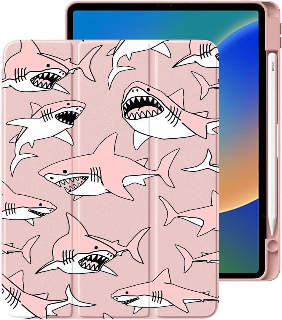 Cute Cool Shark for iPad 10th Generation Case 10.9 Inch 2022 with Pencil Holder, Foldable Pink Leather Cover Case, Support Auto Sleep Wake