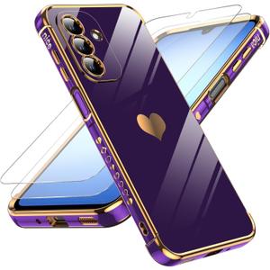 LeYi for Samsung Galaxy A17-5G Case: with Tempered Glass Screen Protector [2 Pcs]+ Full Camera Lens Protection,Love Heart Plating Girly Cute Luxury Soft TPU Shockproof Case for A17 5G,Dark Purple