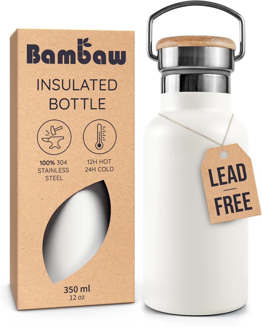 Bambaw 12 oz Water Bottle Insulated, White Water Bottle with Handle, Travel Water Bottle Stainless Steel, Insulated Water Bottle No Straw, Small Metal Water Bottle  Polar White
