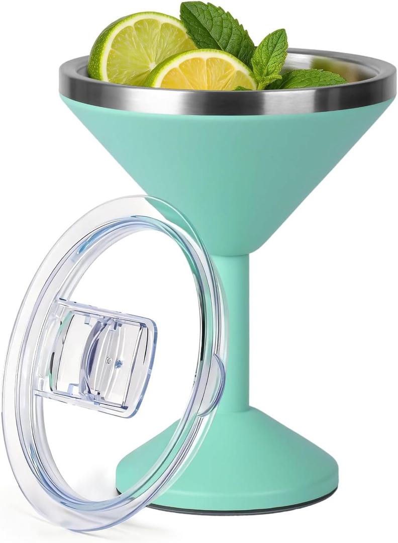 Daximo 13 oz Double-Wall Vacuum Insulated Martini Tumbler Stainless Steel Martini Glasses with Lid and Non-slip Base Elegant Large Martini Cups for Perfectly Chilled Drinks (Mint Green)