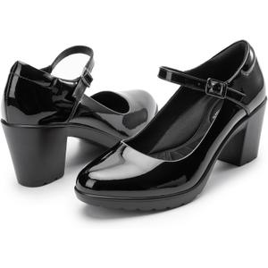 Mary Jane Heels with Arch Support, Closed Round Toe Chunky Pumps for Women, Comfortable Block Heel Dress Shoes (5, Black Patent)