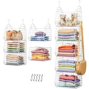 5 Tier Closet Hanging Organizer, Clothes Hanging Shelves with 4 Hanging Hooks 5 S Hooks, Wire Storage Basket Bins, for Clothing Sweaters Shoes Handbags Clutches Accessories Patent Design-White