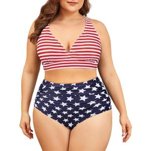 Century Star American Flag Swimsuits for Women Plus Size Bikini Tummy Control Two Piece Bathing Suits High Waisted Swimwear (American Flag, 18 Plus)