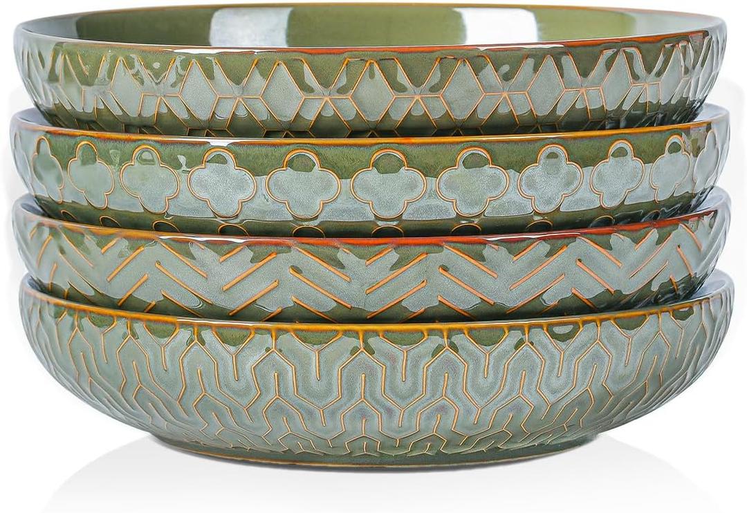 Sureasy 9.7" Pasta Bowls Set of 4, 42 oz Large Salad Bowls for Kitchen, Embossed Ceramic Serving Bowls for Fruits, Soup, Pasta and Salad, Microwave & Dishwasher Safe, Green