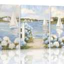 3Pcs Blue Seaside Hydrangea Canvas Wall Art Coastal Sailboat Pictuer Wall Summer Seaside Garden Prints Vintage Hydrangea Poster Seascape Landscape Pictures Painting For Beach House Living Room Bedroom 16x24in(Stretched Canvas On A Wooden Frame)