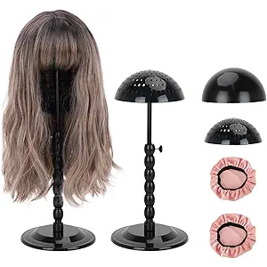 Wig Stand - Plastic Wig StandPortable Foldable Wig Hat with Velvet Cover Holder Height Adjustable (12-18.8 Inches) Easy to Install Support Wig Display Stand (Black)