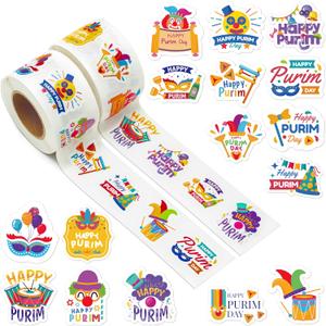 2 x 1000Pcs Happy Purim Sticker Rolls 16 Styles Joyful Festive Label Decals, Purim Celebrations DIY Crafts Gifts Home Decor Cute Party Favors Classroom Prizes Activities Incentive
